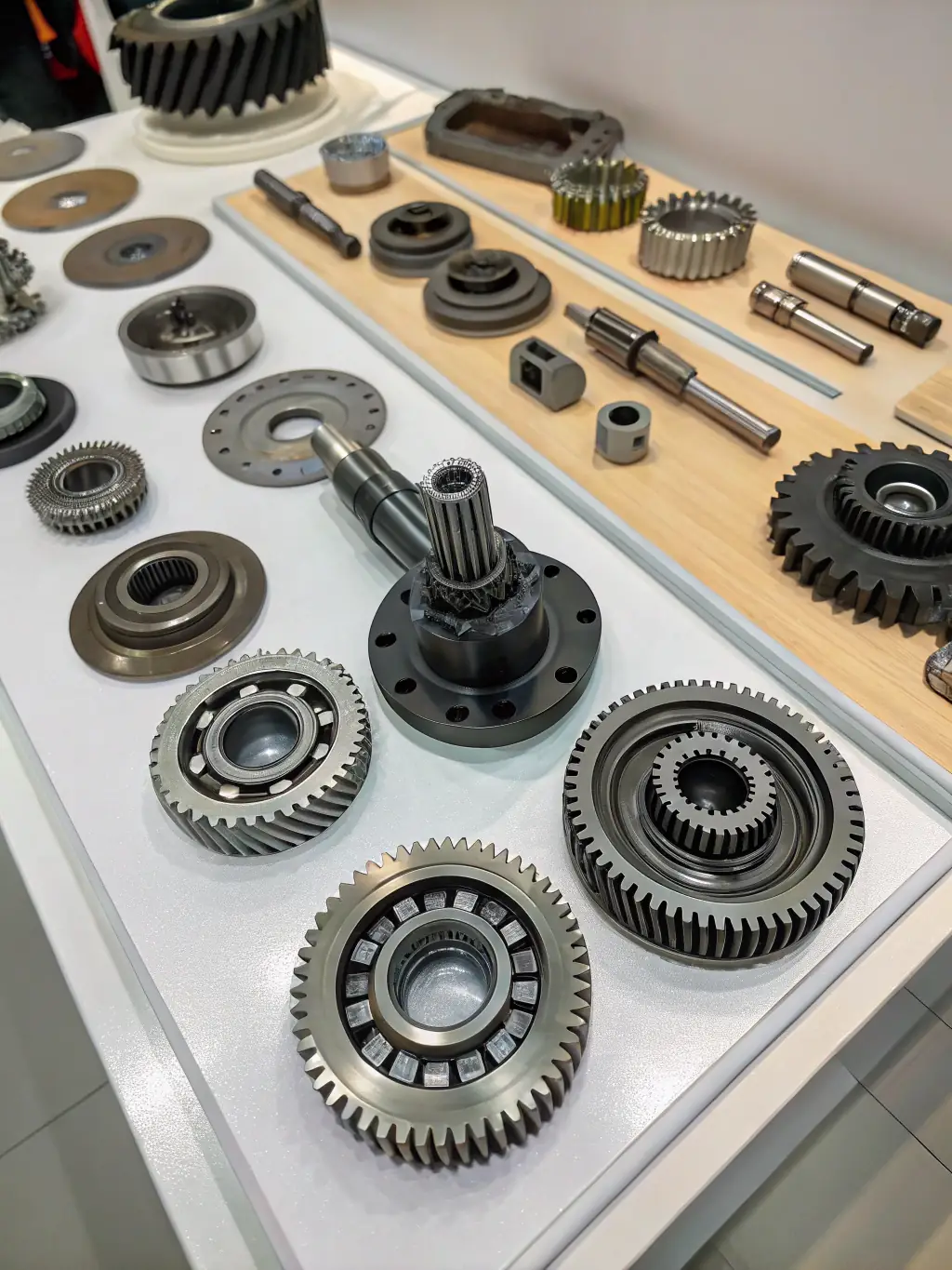 A high-quality image of a disassembled manual gearbox, with all its individual gears, shafts, and synchronizers neatly arranged, emphasizing the complexity and precision of manual transmissions, for the Auto Gear website.