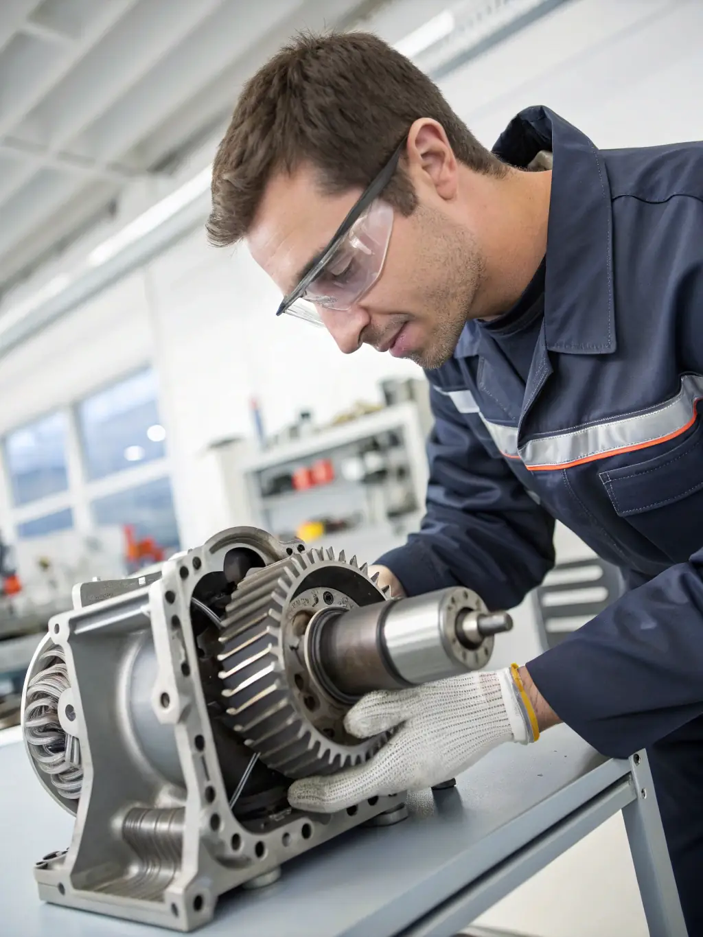 A close-up shot of a mechanic's hands expertly assembling a complex gearbox mechanism, showcasing precision and attention to detail.