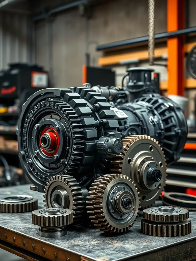 A detailed close-up shot of a fully assembled automatic gearbox, showcasing its intricate internal components and high-precision engineering, suitable for use on the Auto Gear website.